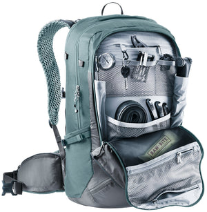 Deuter Trans Alpine Pro 28 front opened to show the tool organiser holding tools and a tube