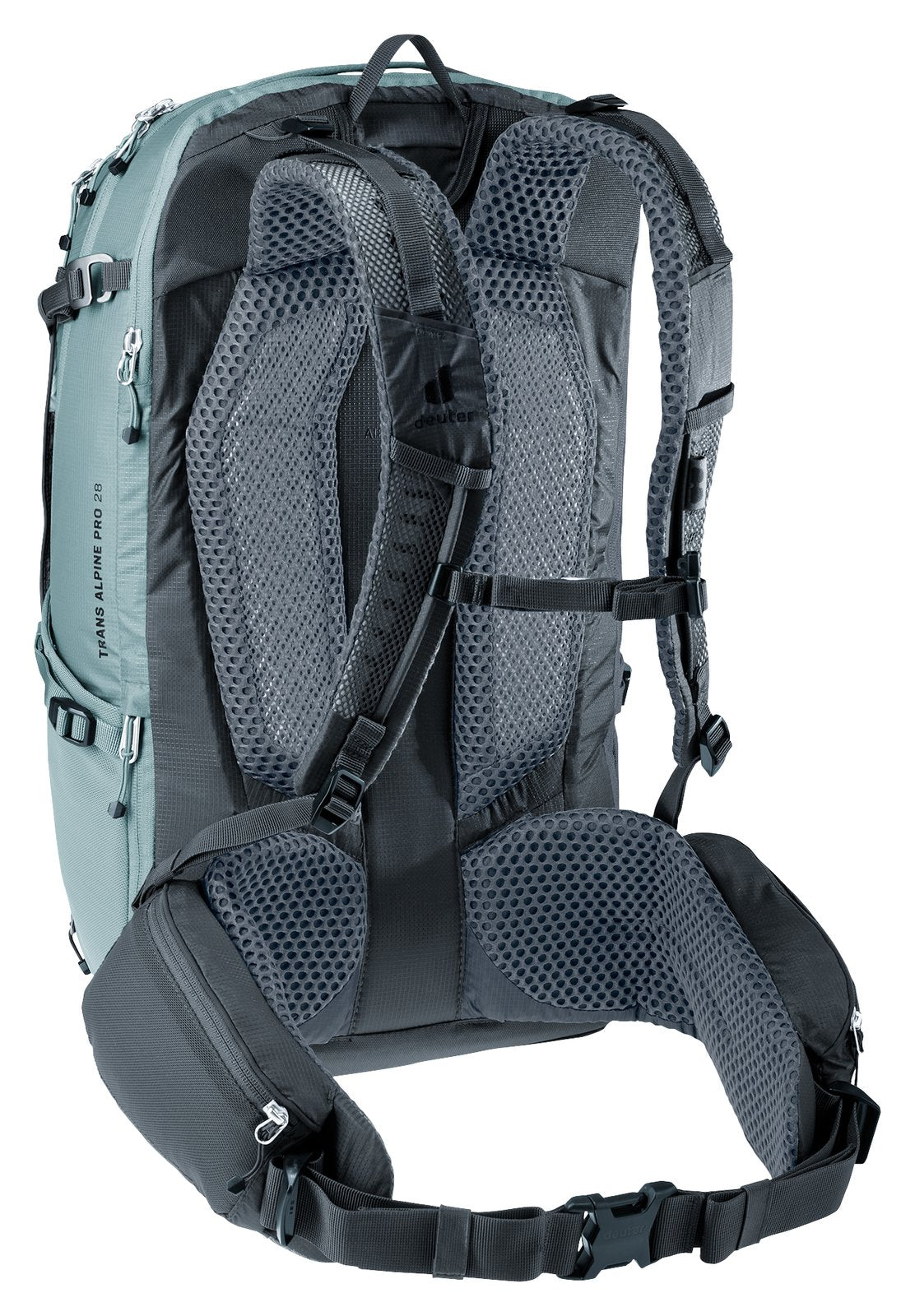 Deuter Trans Alpine Pro 28 rear three-quarter view of the harness and stabiliser straps