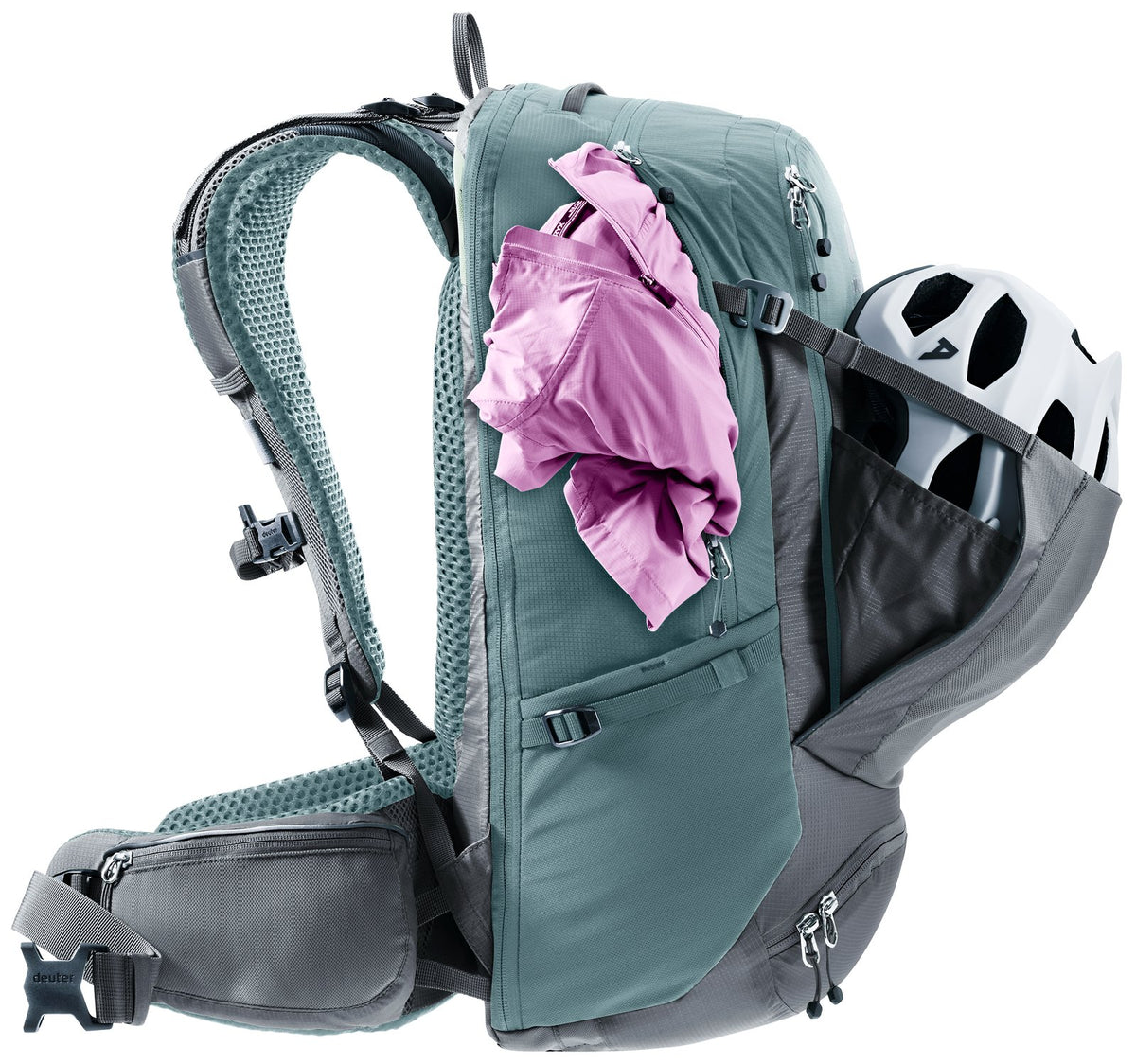 Deuter Trans Alpine Pro 28 with a helmet in the mesh front pocket and a jacket under a strap