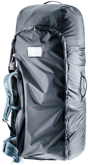 Deuter Transport Cover partly unzipped with a backpack's shoulder strap visible inside
