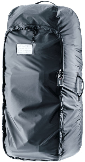 Deuter Transport Cover zipped shut, showing the address window and side grab handle