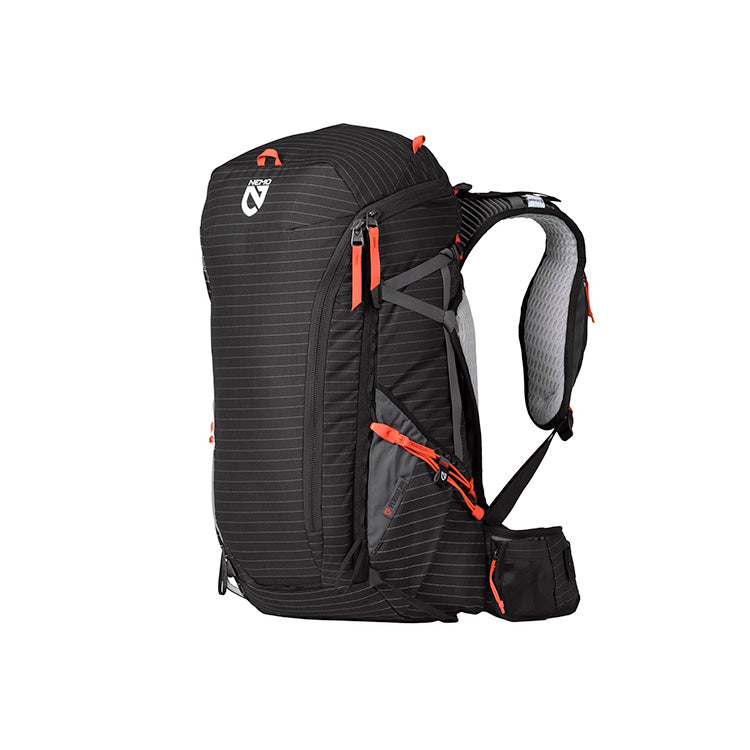 Close view of a black Nemo Persist men's pack with orange accents and shoulder straps