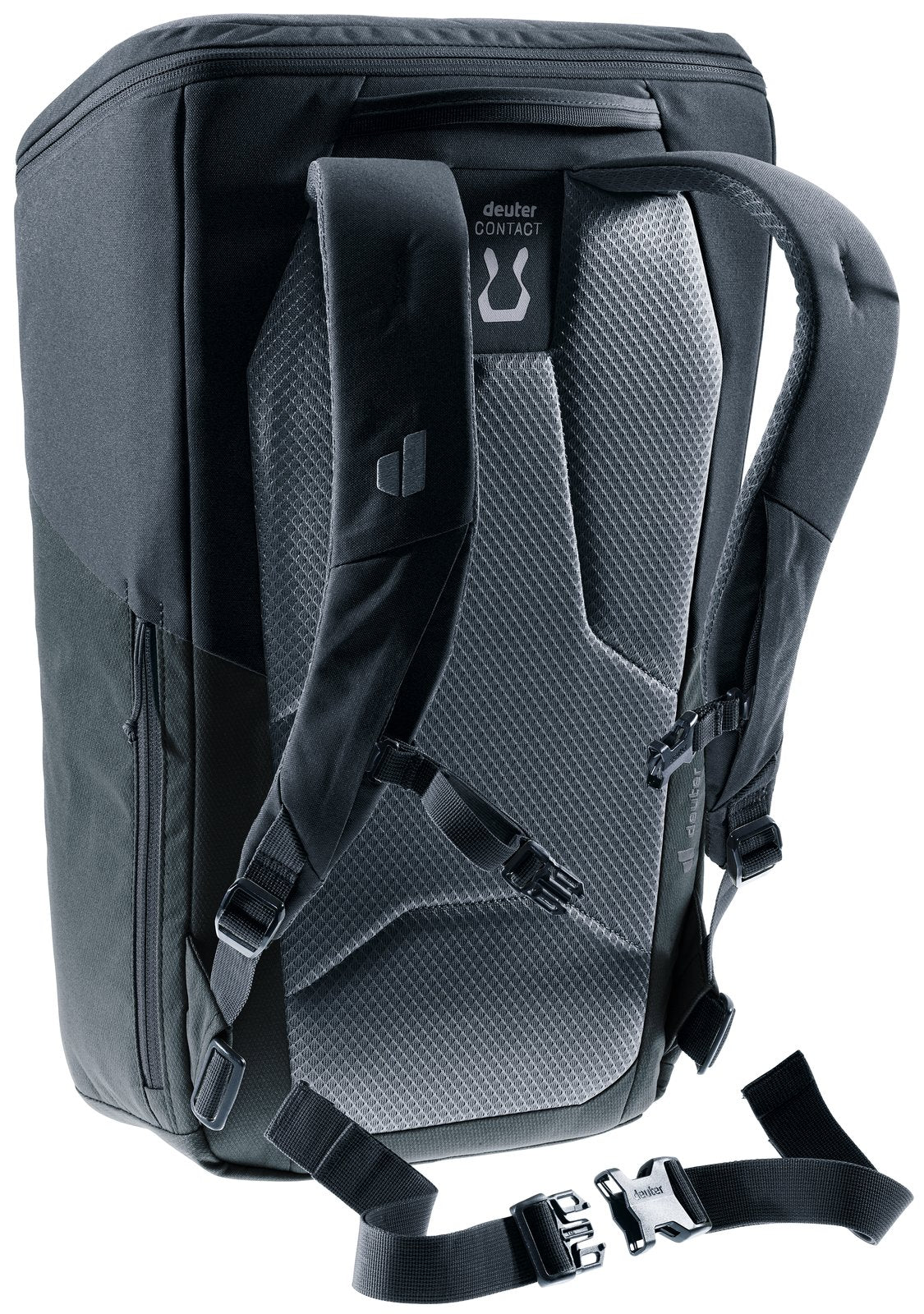 Deuter UP Stockholm in Black, harness view with sternum strap and waist belt