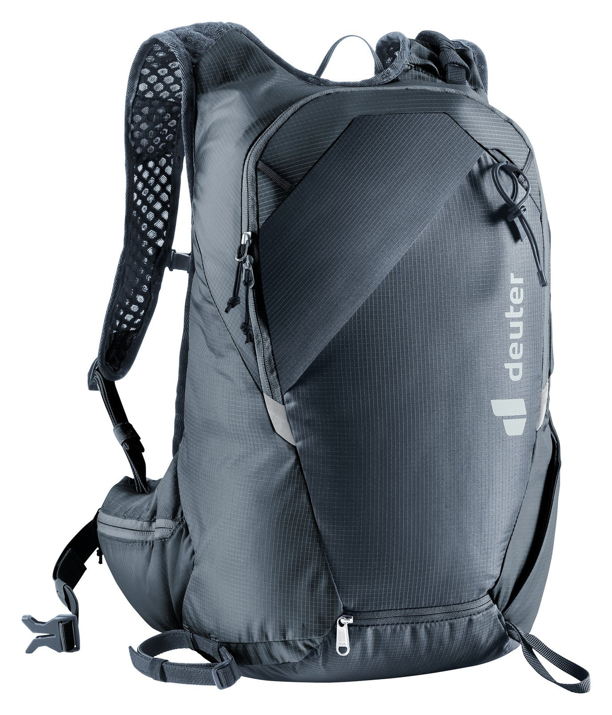 Deuter Updays 20 in Black, front three-quarter view of the hip fin and side
