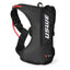 USWE Outlander Moto 4L hydration pack in black, front three-quarter view with red drink tube