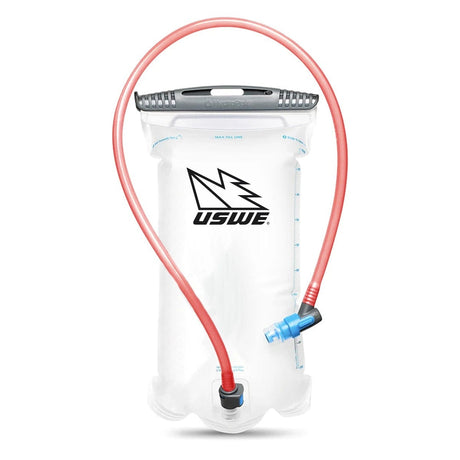 USWE hydration bladder with grey slide-top opening, red drink tube and blue bite valve