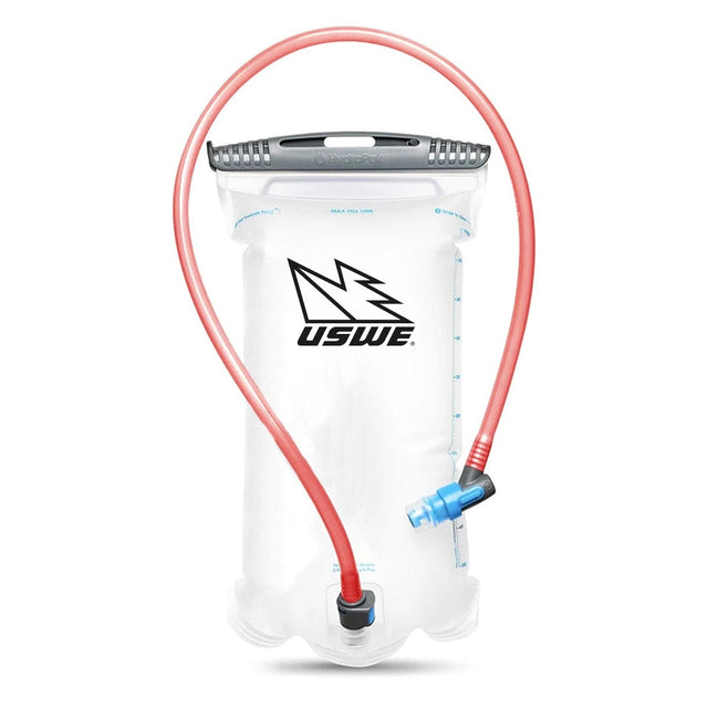 USWE bladder with grey slide-top opening, red drink tube and blue bite valve