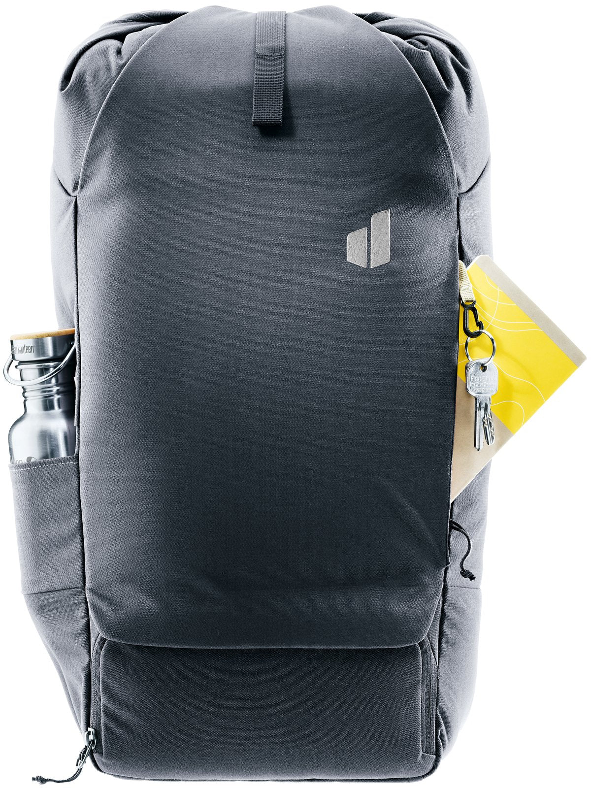 Deuter Utilion 30 with a bottle in the side pocket and a map tucked in a pocket