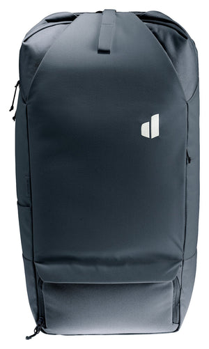 Deuter Utilion 30 in Black, straight-on front view with roll-top buckled