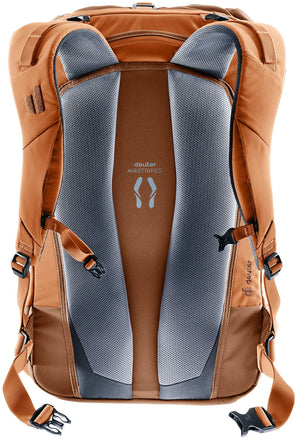 Back of the Deuter Utilion 34+5 showing the Airstripes padding, shoulder straps and hip fins