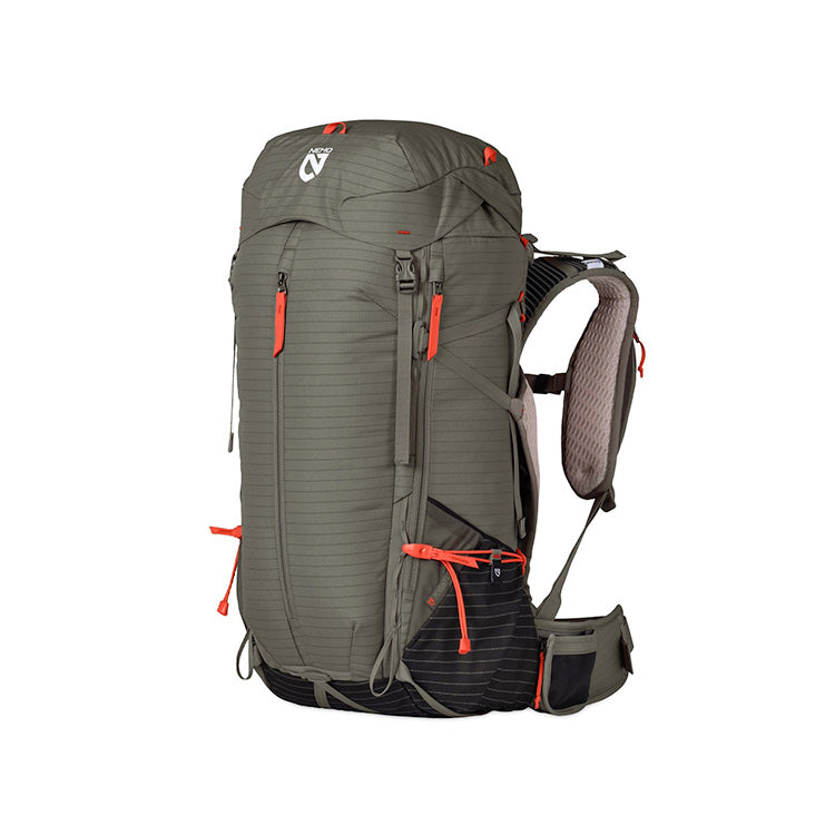 Close view of a Smokey Olive Nemo Persist men's pack with orange pulls