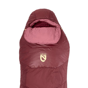 Nemo Tempo women's sleeping bag in Chocolate maroon with Rose pink hood lining