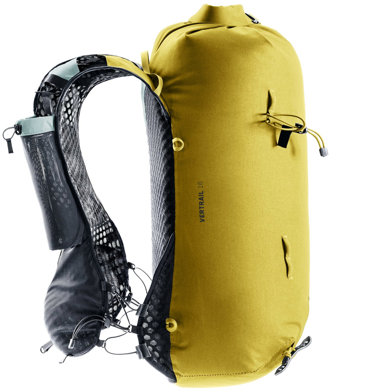 Deuter Vertrail 16 side profile of the vest straps and soft flask pouch
