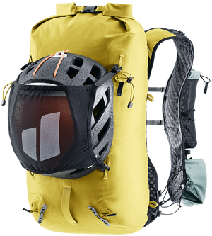 Deuter Vertrail 16 carrying a climbing helmet in the stowable helmet holder