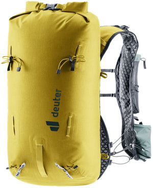 Deuter Vertrail 16 alpine vest pack in Turmeric Teal, roll-top closed, front three-quarter view