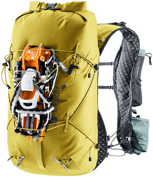 Deuter Vertrail 16 with crampons strapped to the front under the bungee cords