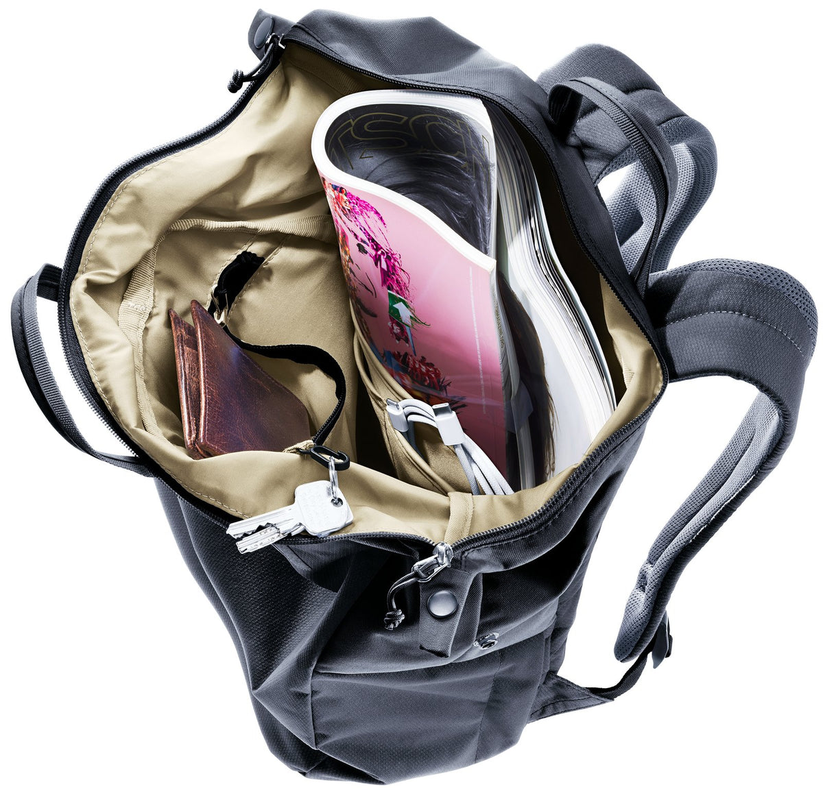Deuter Vista open from above showing the organiser, a wallet, keys and a magazine