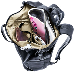 Deuter Vista open from above showing the organiser, a wallet, keys and a magazine
