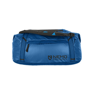 Nemo Double Haul duffel in Lake blue, front view with zippered front pocket and Nemo logo