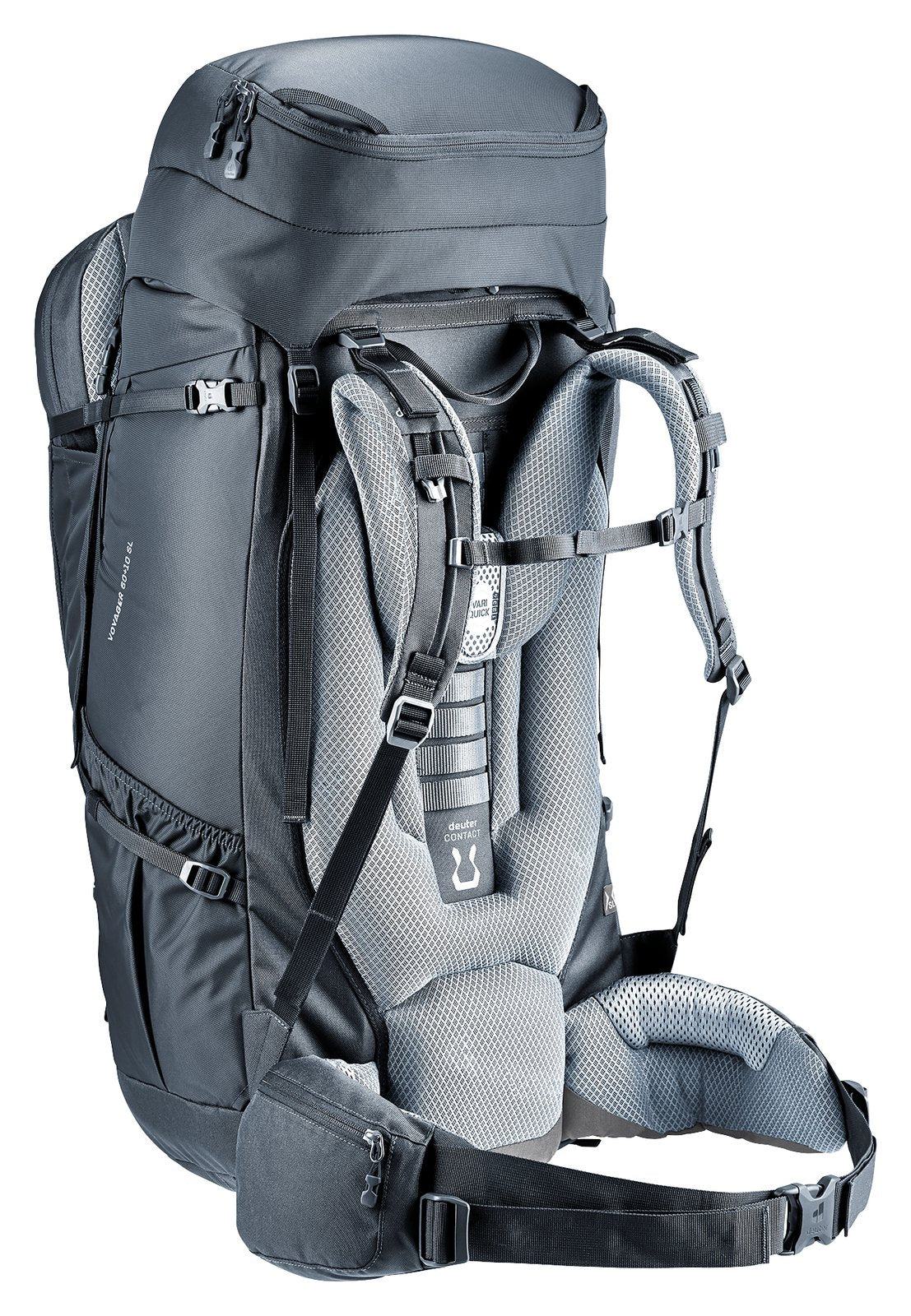 Deuter Voyager 60+10 SL rear three-quarter view of the harness and hip belt