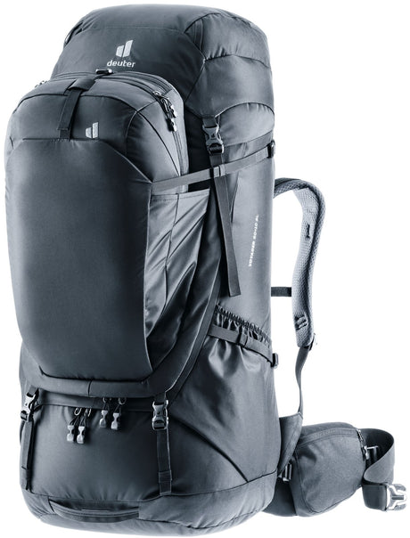Deuter Voyager 60+10 SL women's travel backpack in Black with daypack docked on the front