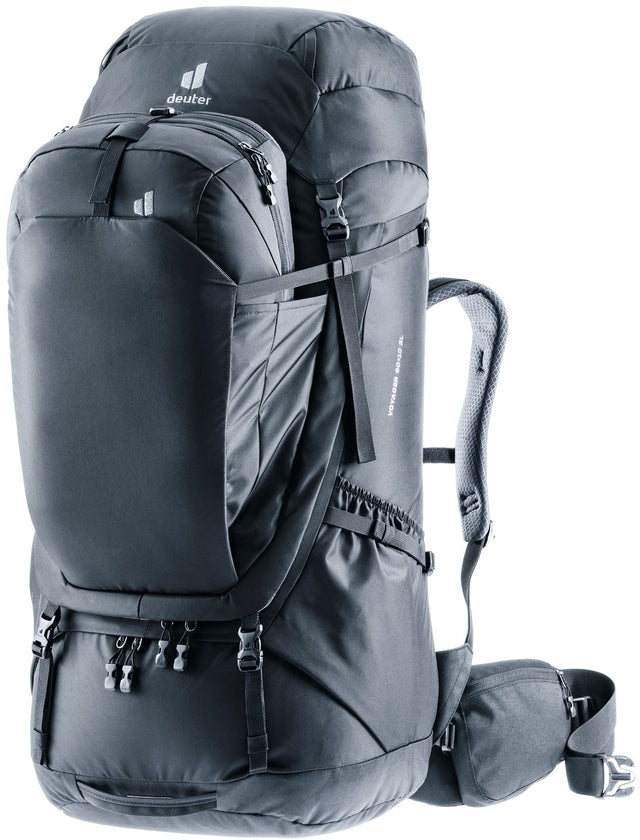 Deuter Voyager 60+10 SL women's travel backpack in Black with daypack docked on the front