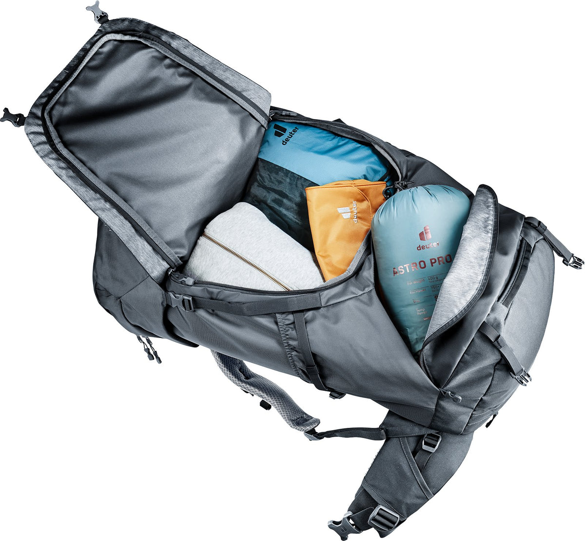 Deuter Voyager 60+10 SL opened through the front zip, packed with clothes like a suitcase