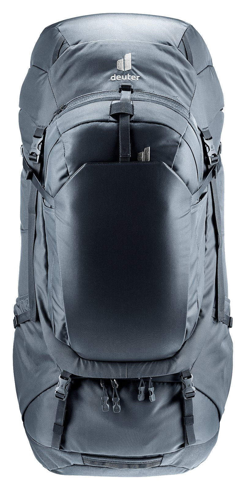 Deuter Voyager 60+10 SL straight-on front view with daypack docked