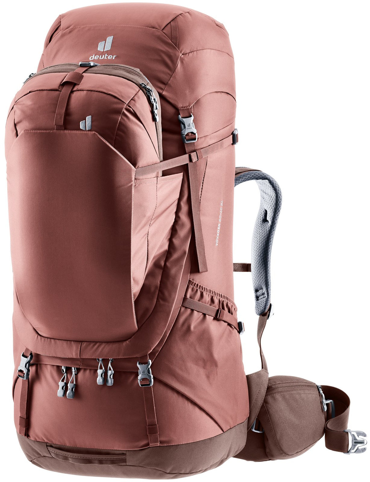 Deuter Voyager 60+10 SL in Caspia Raisin, rust-red travel pack with daypack attached