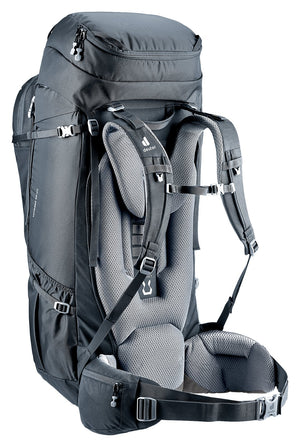 Deuter Voyager 65+10 rear three-quarter view of the harness and stabiliser straps
