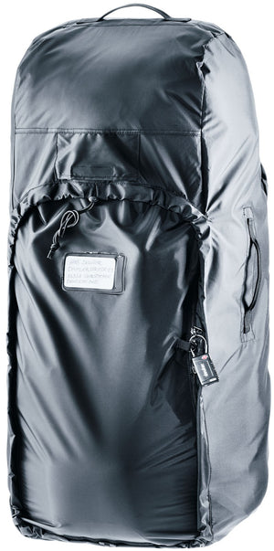 Deuter Voyager 65+10 transport cover zipped on, showing the address window