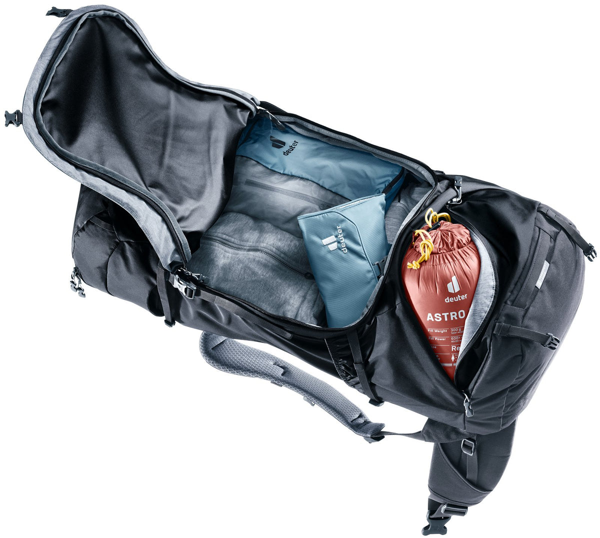 Deuter Voyager 65+10 front zip access open showing packed gear and a sleeping bag