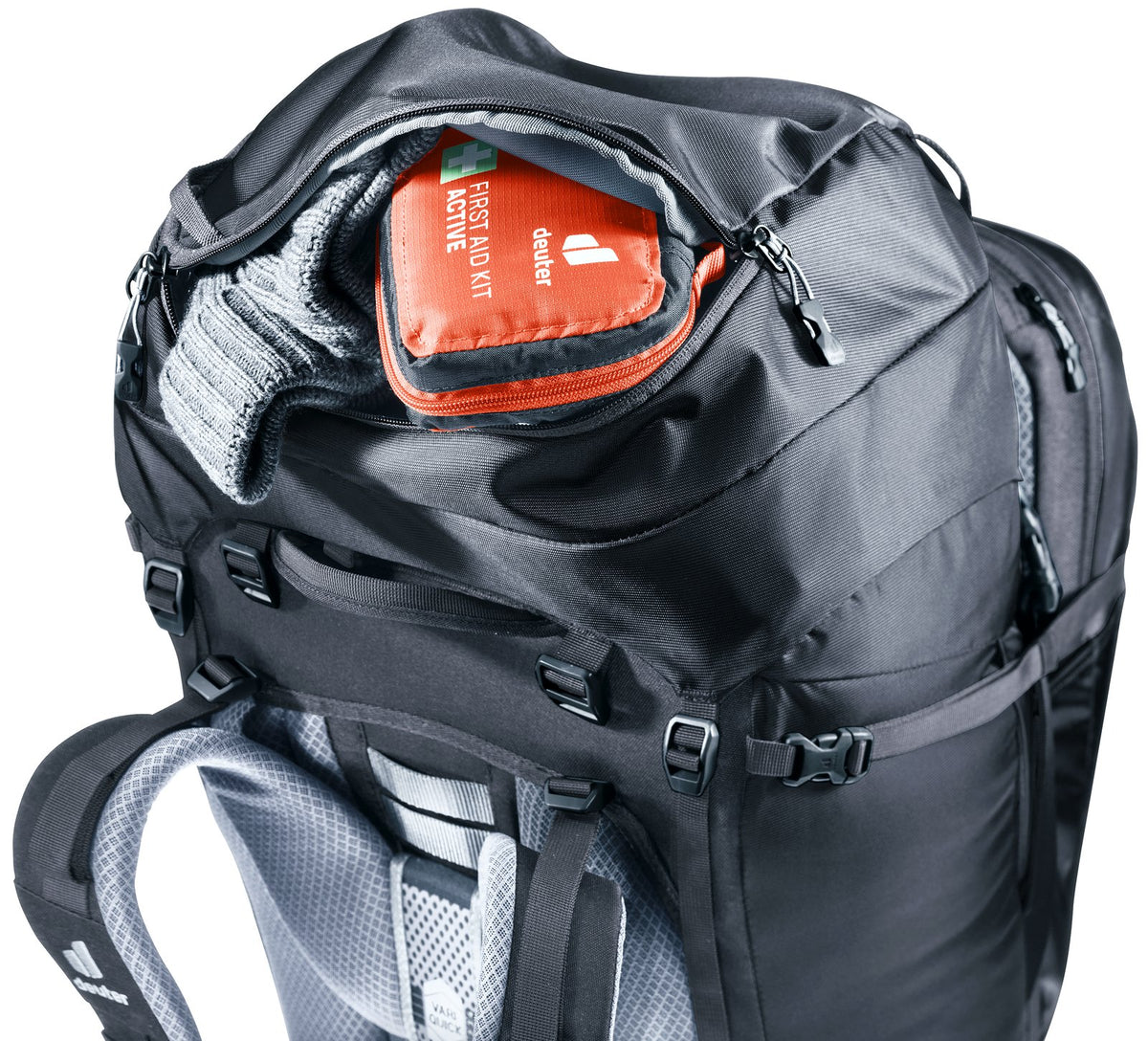 Deuter Voyager 65+10 lid pocket open with a first aid kit inside