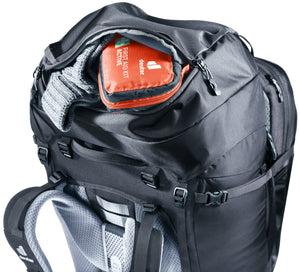 Deuter Voyager 65+10 lid pocket open with a first aid kit inside