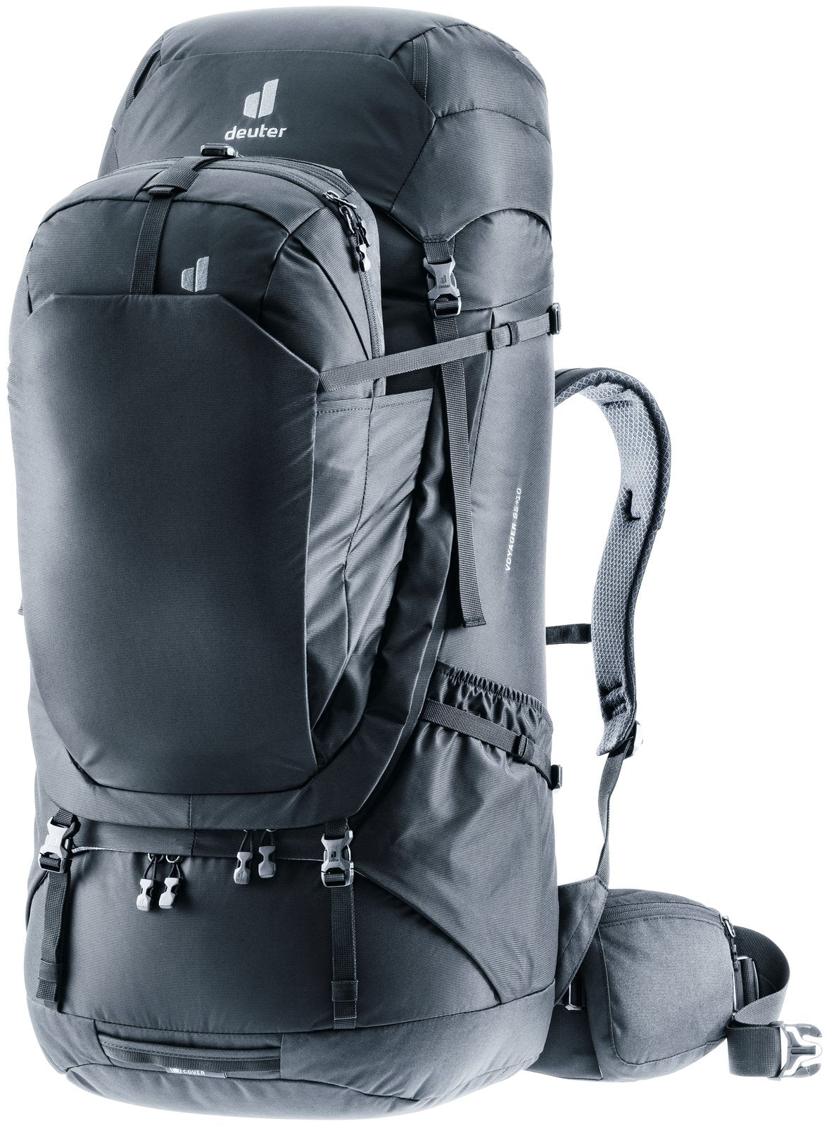 Deuter Voyager 65+10 travel backpack in Black with the day pack attached to the front