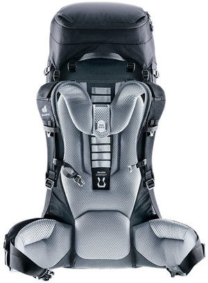 Back of the Deuter Voyager 65+10 showing the Contact back, VariQuick ladder and hip fins