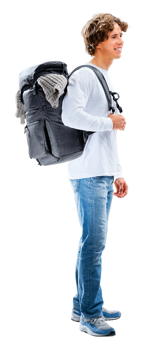 Deuter Walker 24 worn by a young man, with a grey knit jumper tucked under the lid straps