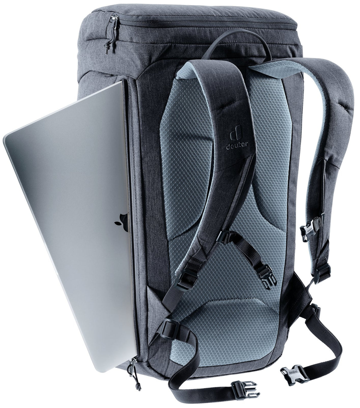 Laptop sliding out of the side-access compartment on the Deuter Walker 24