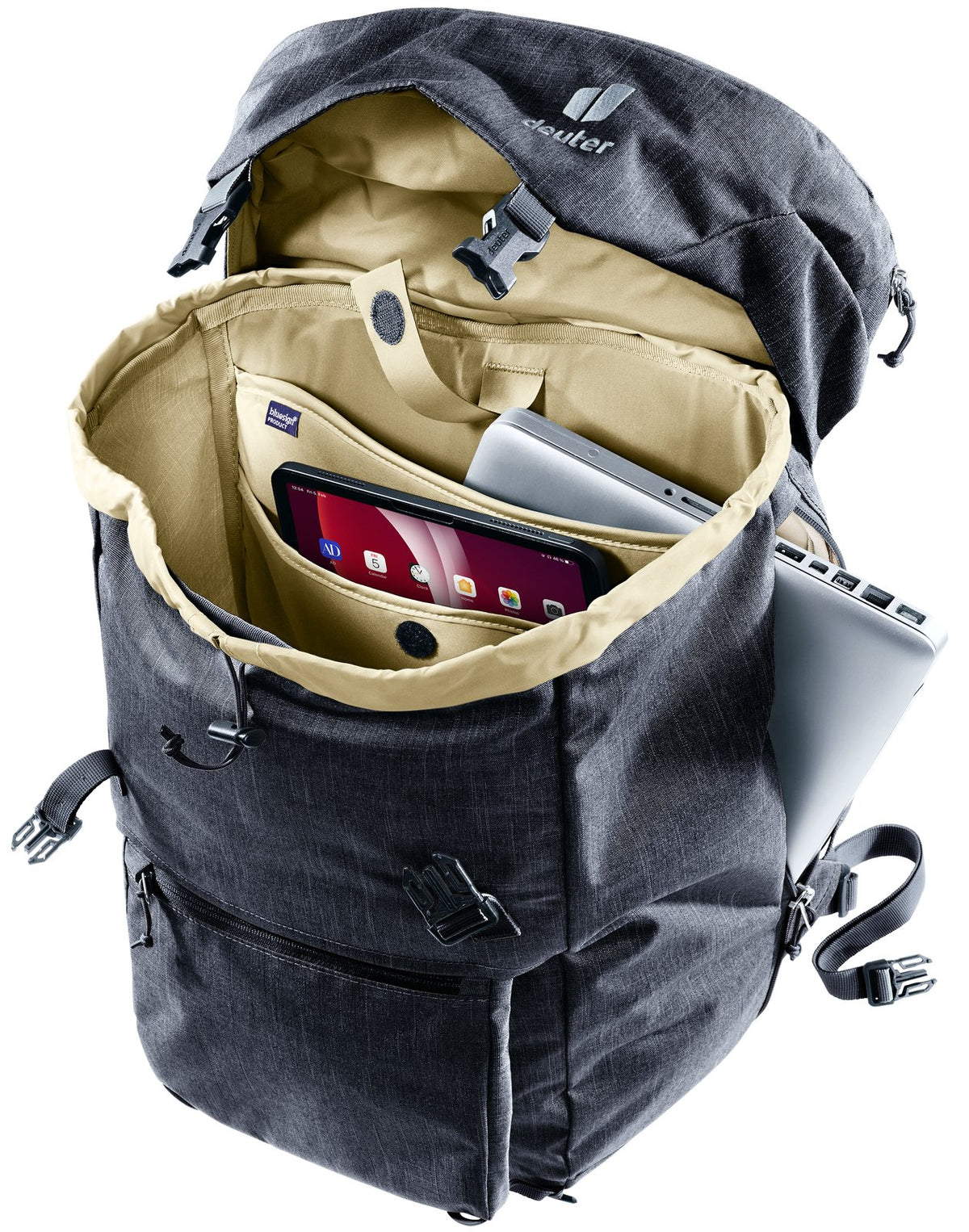 Deuter Walker 24 top open, showing the organiser unit with a tablet and documents