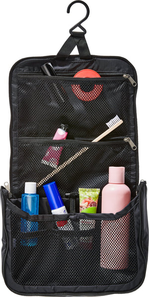 Deuter Wash Center Lite II in Black hanging open from its hook, toiletries in the mesh pockets