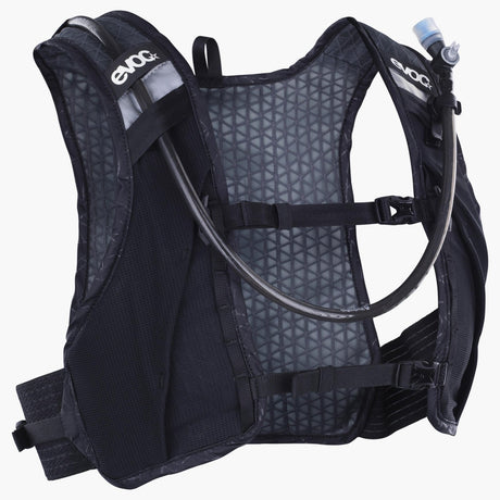 EVOC Hydro Pro Ultra 1.5 race vest in black, front three-quarter view with drink tube over the shoulder