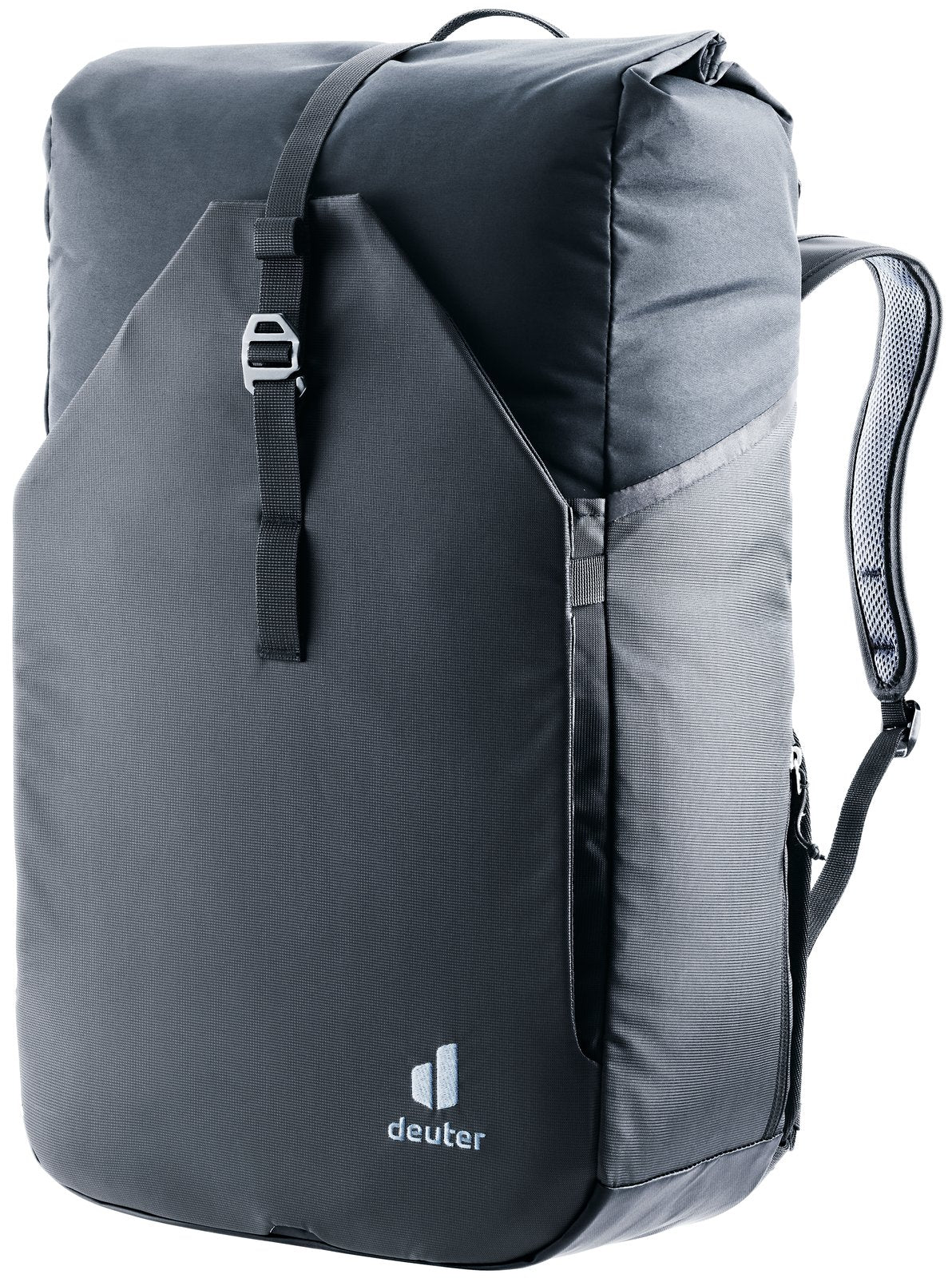 Deuter Xberg 25 convertible pannier backpack in Black, front view with roll-top