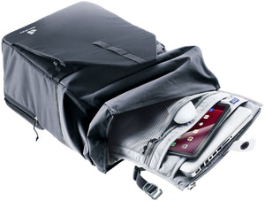 Deuter Xberg 25 roll-top open showing the removable organiser with phone and cables