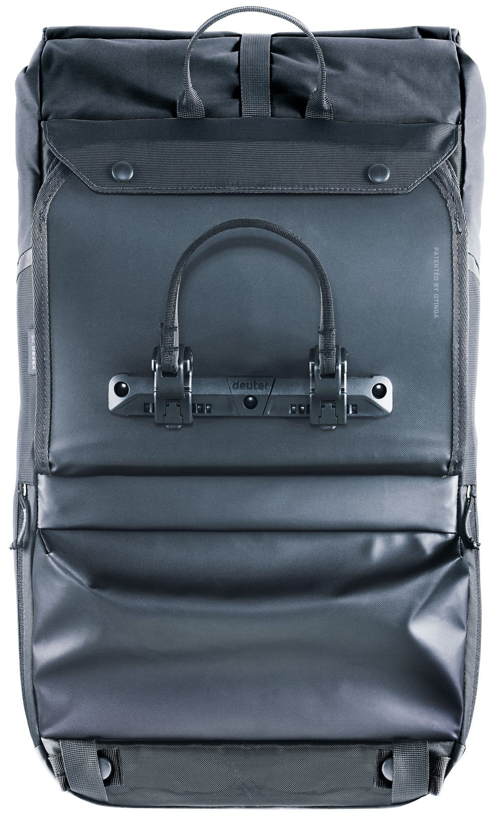 Back of the Deuter Xberg 25 in pannier mode showing the BagFix rack hooks and handle