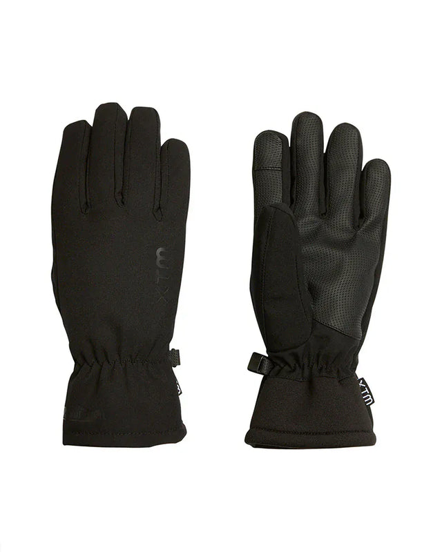 Pair of black XTM Tease kids softshell gloves showing the back and the grippy textured palm