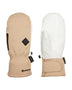 Pair of Taupe XTM Phoenix II GORE-TEX snow mittens, back and white leather palm, with heat pocket zip