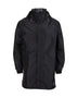 Black XTM Stash 2L 3/4 length packable rain jacket, front view with drawcord toggles