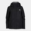 XTM Kimberley II women's rain jacket in Black, front view zipped with hood up and grey hood lining