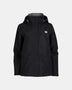 XTM Kimberley II women's rain jacket in Black, front view zipped with hood up and grey hood lining