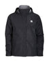 XTM Kakadu II men's rain jacket in Black, front view zipped with grey-lined hood and chest logo patch